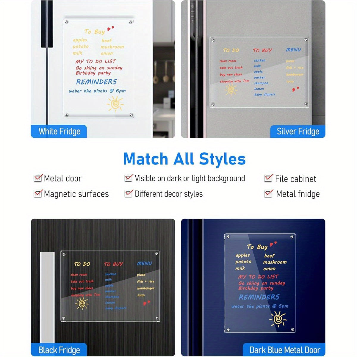 12x8 Magnetic Dry Erase Clear Acrylic Whiteboard for Fridge with 6 - Color Markers, Weekly Planner Calendar