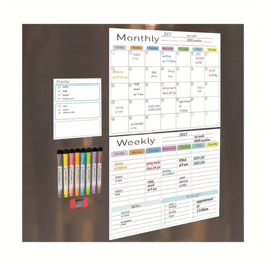 QIUCHAN Magnetic Dry Erase Calendar Whiteboard Set (1-pack\u002F3-packs) for Refrigerator, Wall, and Fridge Organization with Monthly, Weekly, and Daily Notepads. 3-pack Come with 8 Markers and 1 Eraser