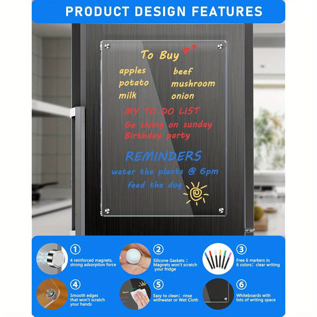 12x8 Magnetic Dry Erase Clear Acrylic Whiteboard for Fridge with 6 - Color Markers, Weekly Planner Calendar