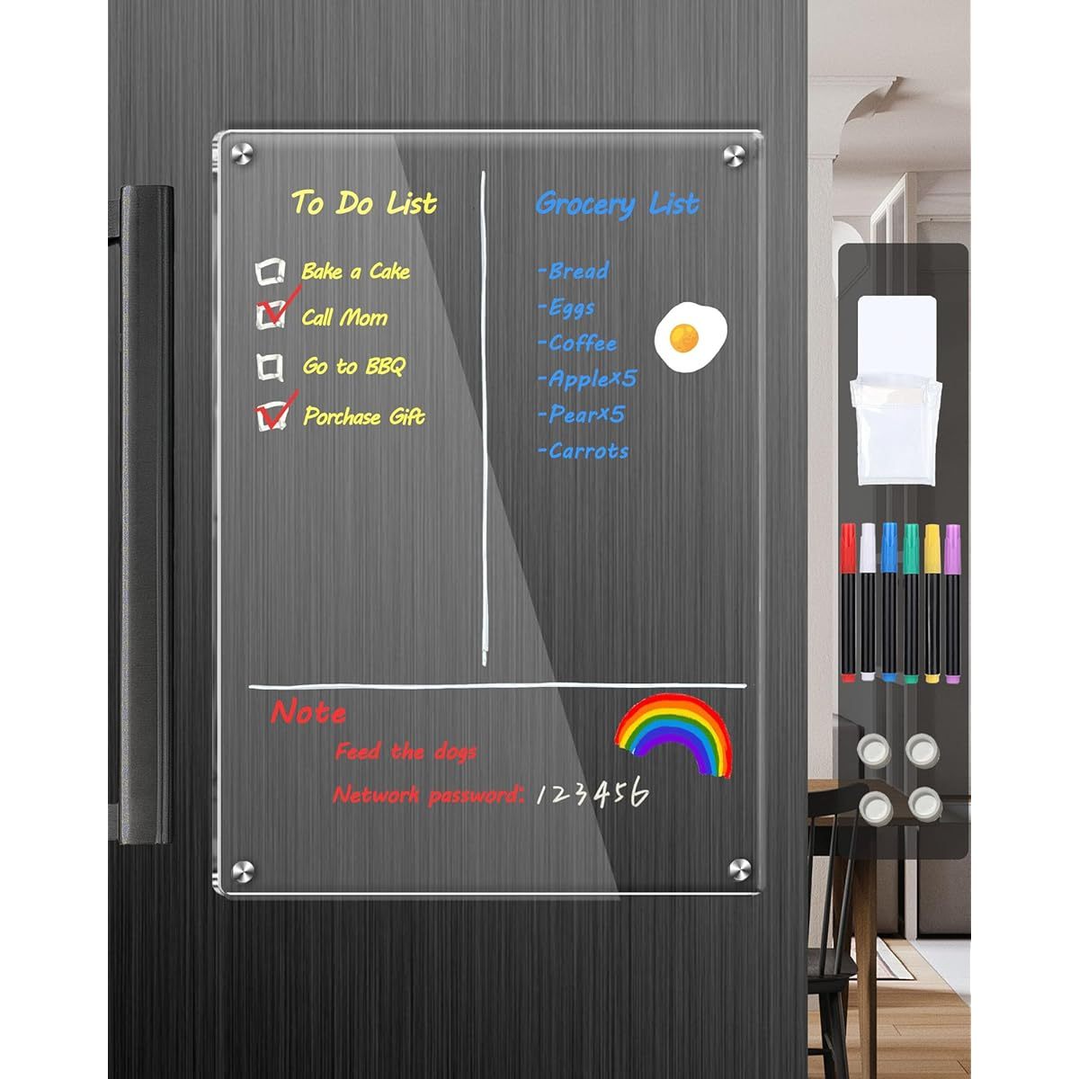 12x8 Magnetic Dry Erase Clear Acrylic Whiteboard for Fridge with 6 - Color Markers, Weekly Planner Calendar